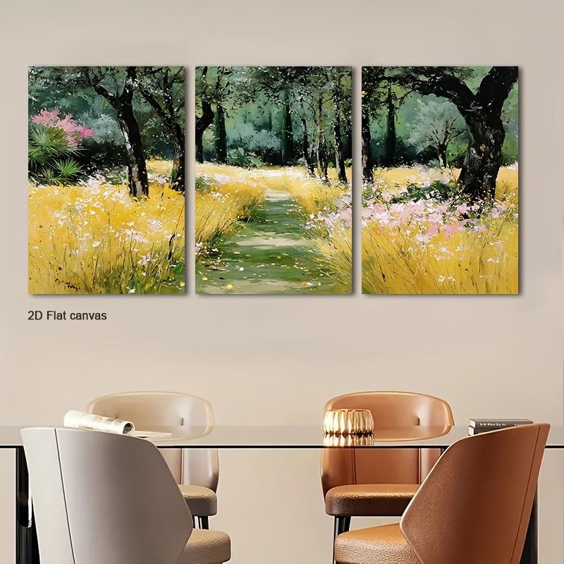 Canvas Wrap Ready - フレームレスキャンバス3枚組 太陽の光を浴びた野の花 ウォールアート フレーム付き - リアルな野の花を描いたキャンバスプリント、すぐに飾れる絵画