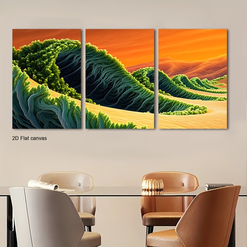 Canvas Wrap Ready - 3枚組グリーンウェーブテライン抽象ウォールアート - オレンジ＆グリーンの風景画、額装済みキャンバス絵画、すぐに飾れるラップフレーム