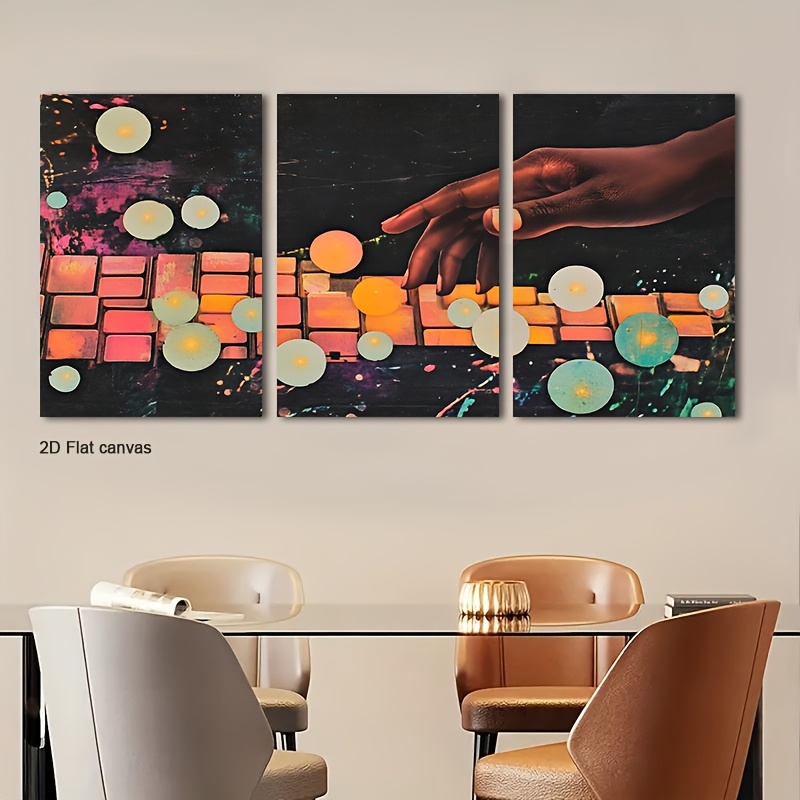 Canvas Wrap Ready - フレームレスキャンバス3枚セット 蓄光アブストラクトウォールアート - 光る形状と線画、すぐに飾れるキャンバスフレーム