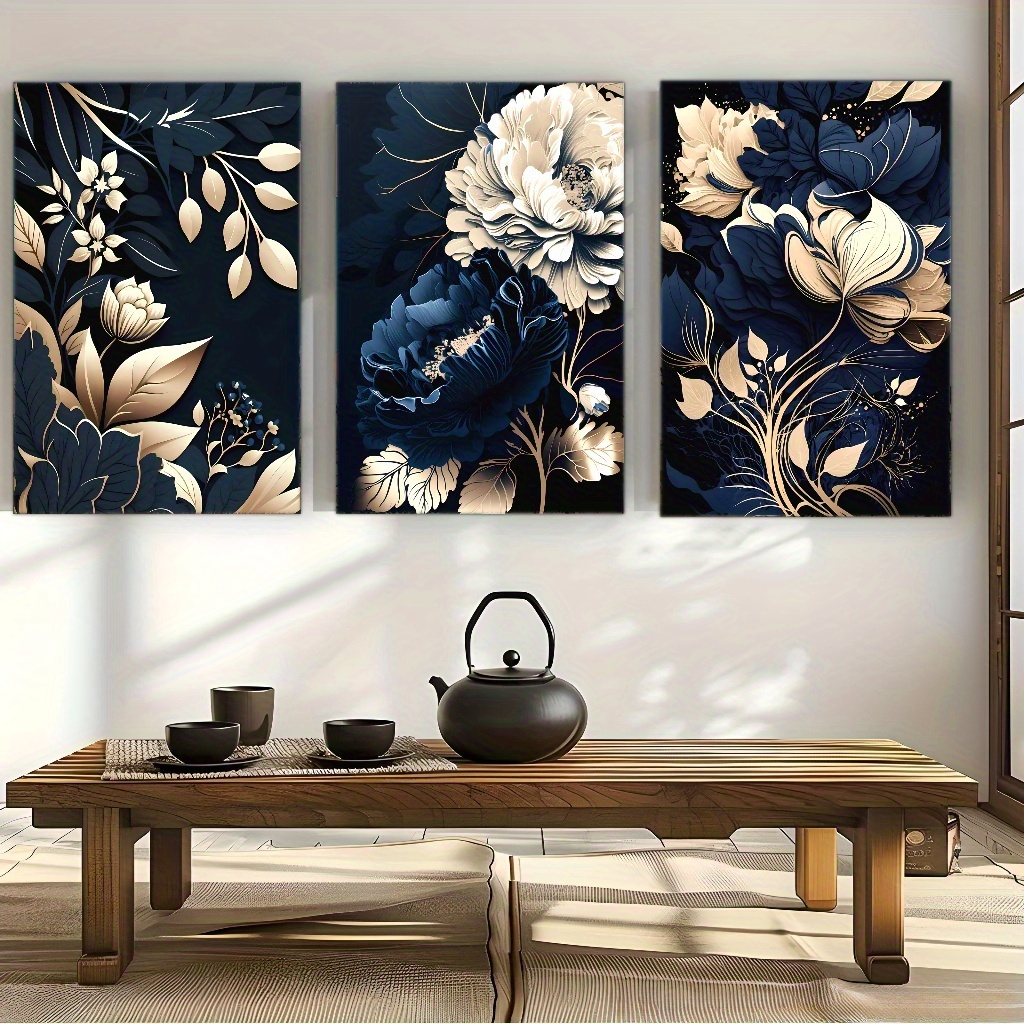 Canvas Wrap Ready - ネイビーブルー、ゴールデン、ベージュ、ホワイト、ブラウンの花柄キャンバスウォールアート3点セット - モダンクラシックなフレーム入り絵画、すぐに飾れる